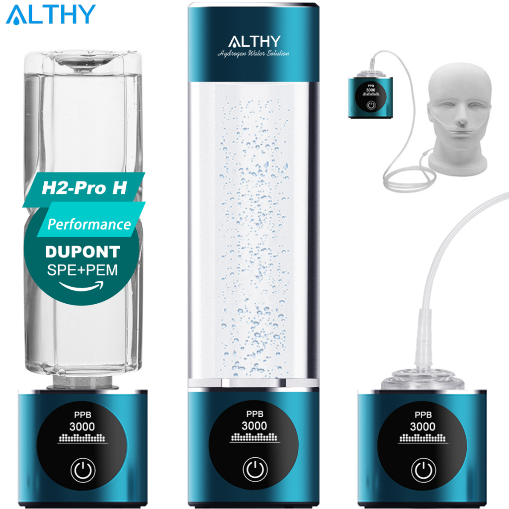 ALTHY 7th Generation Hydrogen Water Generator Bottle DuPont SPE+PEM Dual Chamber Maker lonizer Cup + H2 Inhalation device