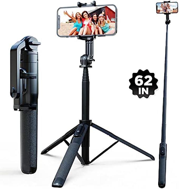 62" Selfie Stick, Extendable Selfie Stick Tripod with Wireless Remote, Portable &amp; Lightweight Phone Holder for Video Recording, Selfies, Vlog, YouTube and TikTok, Phone Tripod Fit for All Cel