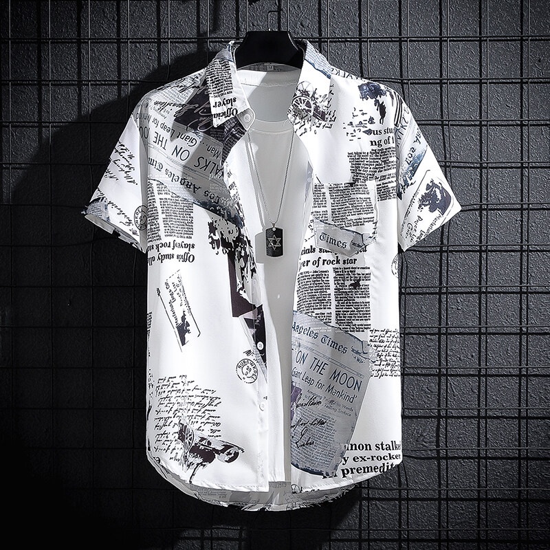 Summer Men's Short-Sleeved Newspaper Shirts, Thin Graffiti Trendy Clothes, Printed Loose INS Trendy Tops. Half-Sleeved Shirt.